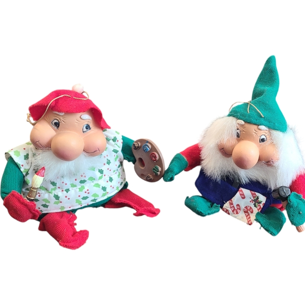 Santakins Santa's Elf Gnome Ornaments Plush Bendable Artist Toy Maker Lot of Two